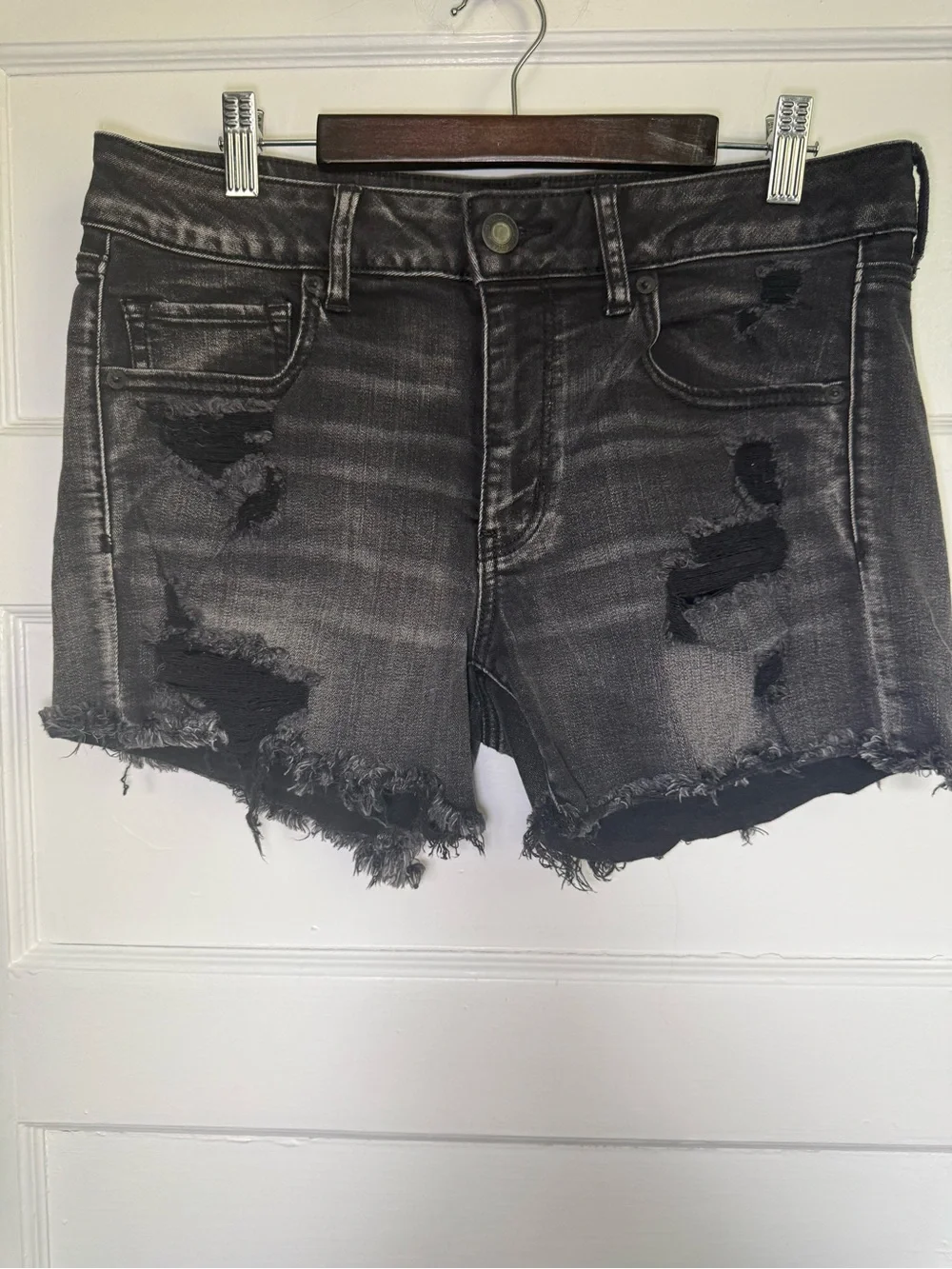 American Eagle Next Level Stretch Distressed High Rise Denim Shortie Shorts 12